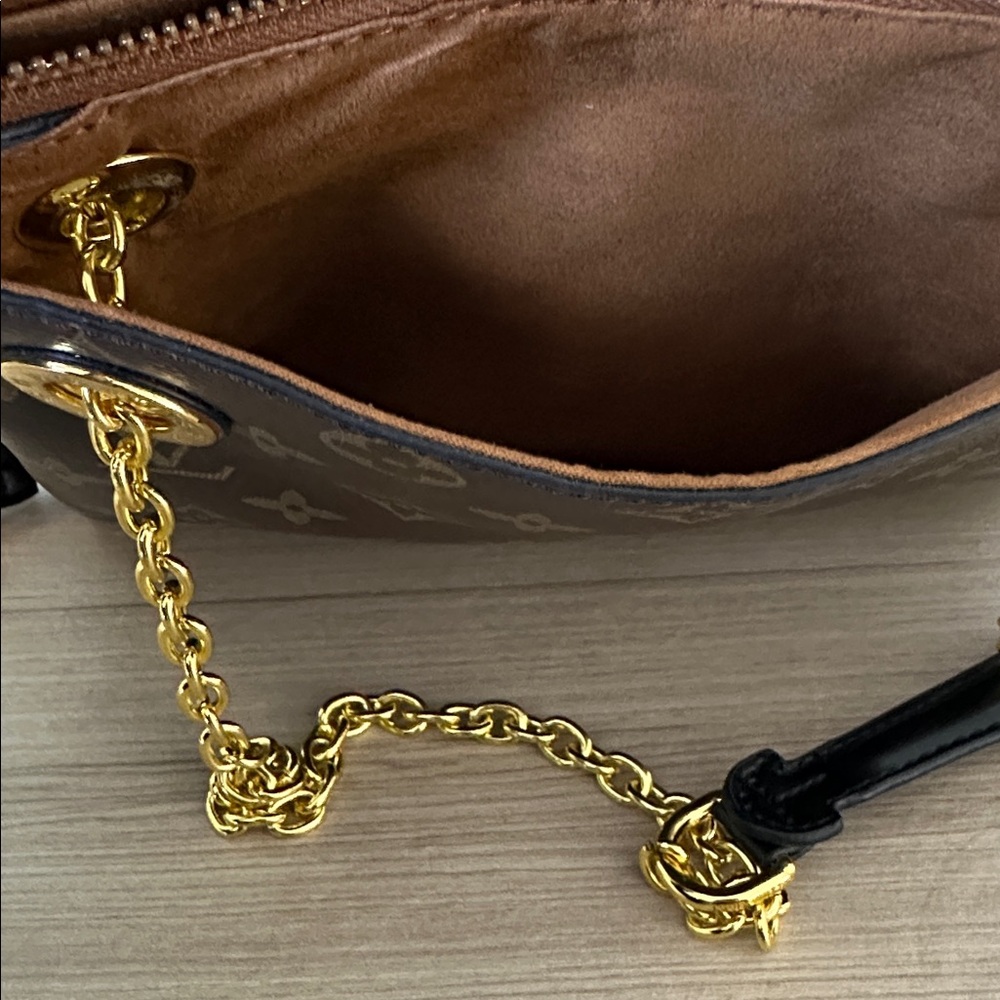 Louis Vuitton Inspired Monogram Chain Shoulder Bag — Brown/Tan/Gold - Picture 7 of 13